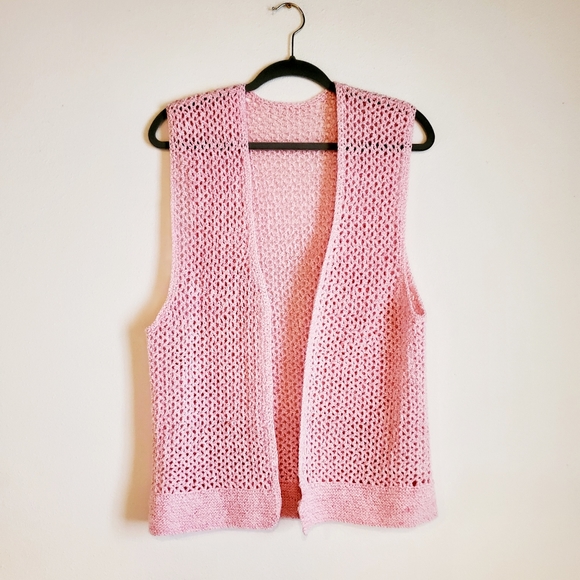 Hand Crafted Jackets & Blazers - Handmade Open Knit Vest Women's L Pink cottagecore